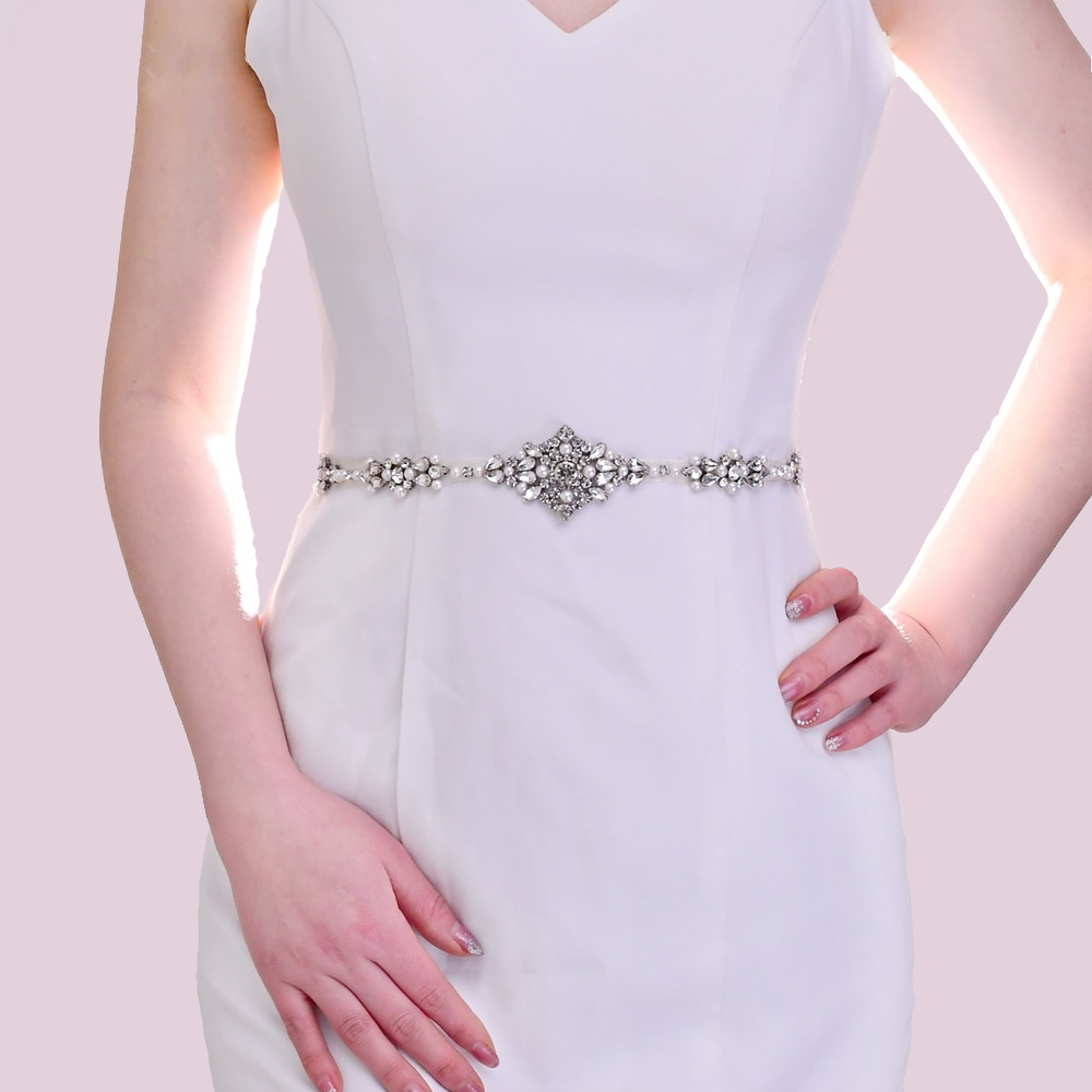 Crystal & Pearl Embellished Women\'s Belt - Silver ANNULOYA Wide Pearl Belts Gift for Women Wedding Stretchy  main image 4