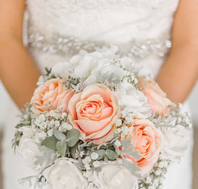 spring wedding flower bouquet wedding dress with belt closeup