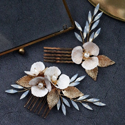 Nova Opal Gold Leaf Flower Wedding Hair Combs