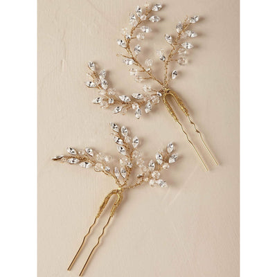 Gold Floral Branch Bridal Hair Pins with Crystals and Pearls