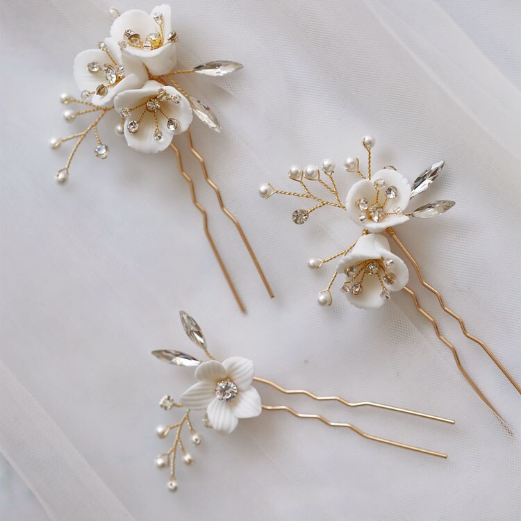 Lillian Vintage Porcelain Flower Hair Pin Set (3 Piece)