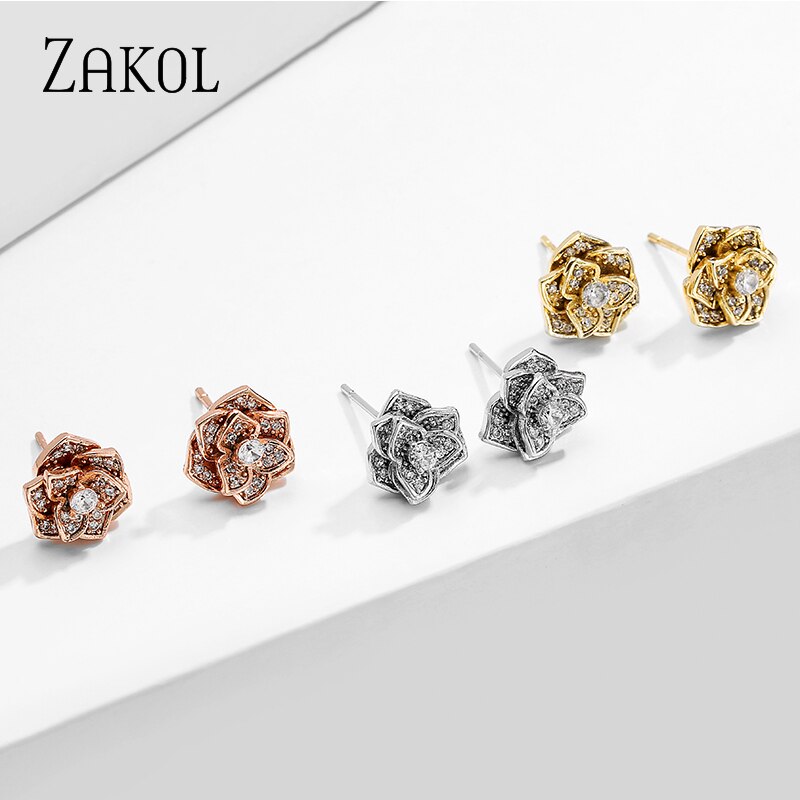 Gold Rose Flower Micro CZ Stud Earrings