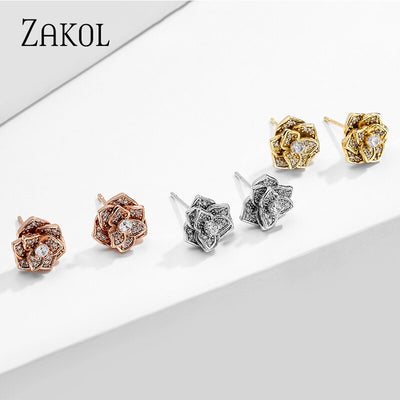 Gold Rose Flower Micro CZ Stud Earrings