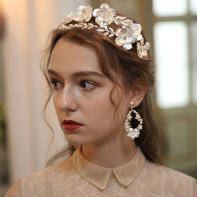 Annarose Floral Pearl Bridal Leaf Headband & Matching Earrings