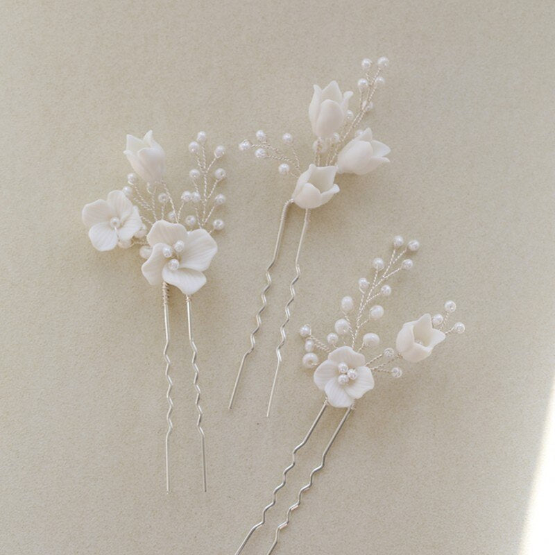 Pricilla Ceramic White Bridal Hair Pins (3 Piece)