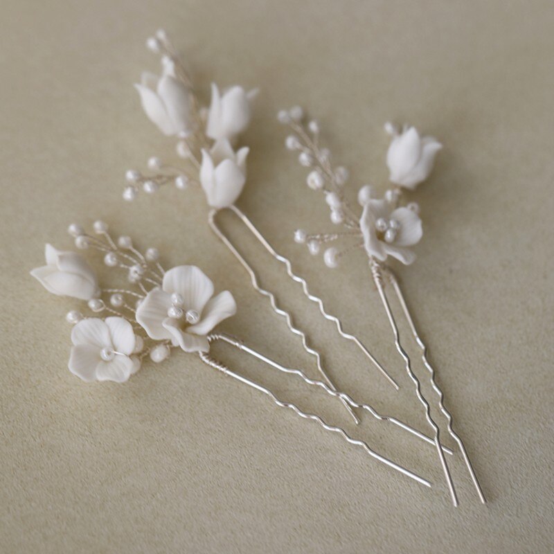 Pricilla Ceramic White Bridal Hair Pins (3 Piece)