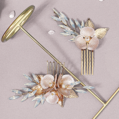 Layla Opal Gold Flower Bridal Hair Comb Set (2 Piece)