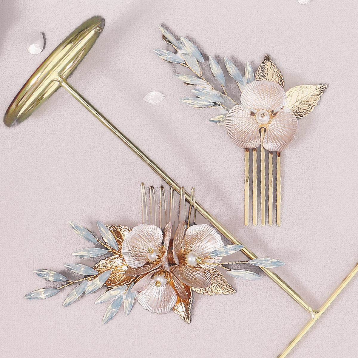 Layla Opal Gold Flower Bridal Hair Comb Set (2 Piece)