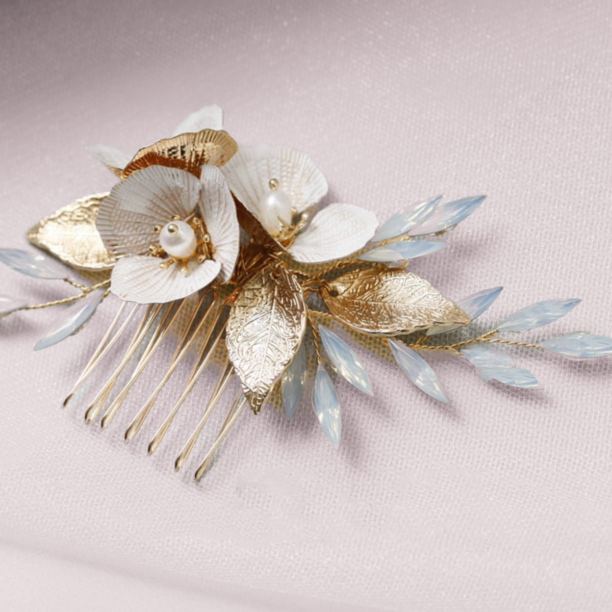 Nova Opal Gold Leaf Flower Wedding Hair Combs