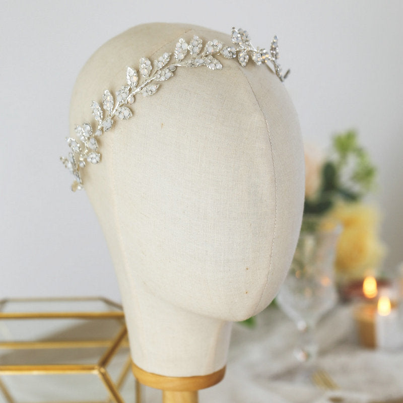 Jasmine Silver Opal Leave Bridal Headband/Hair Comb