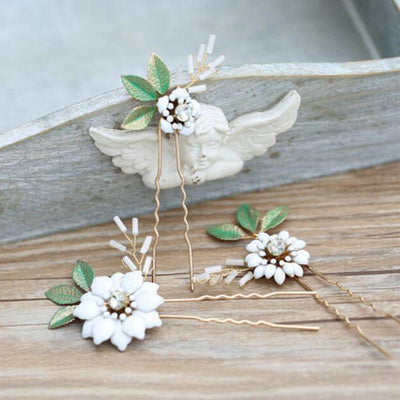 Julip White Enamel Glazed Flower Hair Pin Set (3 Piece)