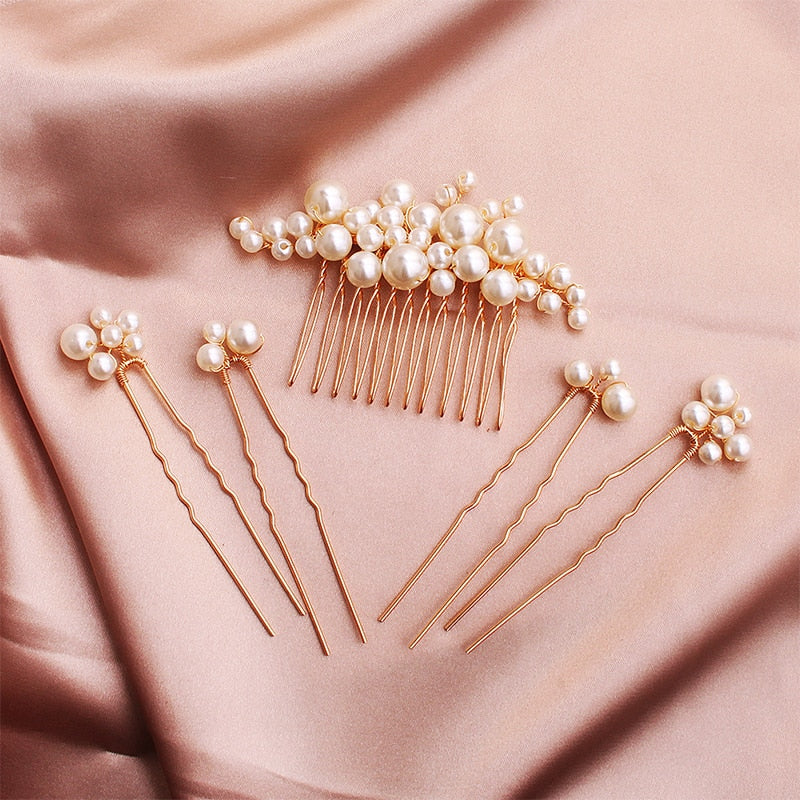 Shay Antique Gold Pearl Hair Comb/Pin Set (5 Piece)