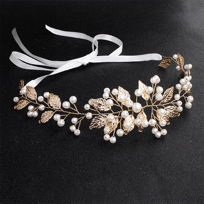 Liza Gold Pearl Leaf Wedding Headband