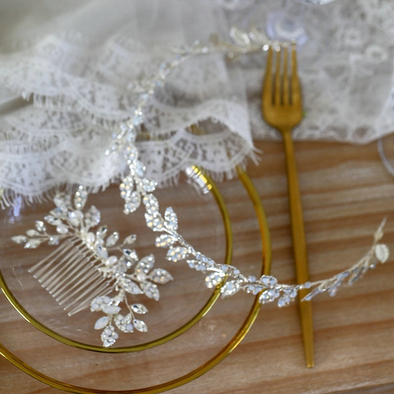 Jasmine Silver Opal Leave Bridal Headband/Hair Comb