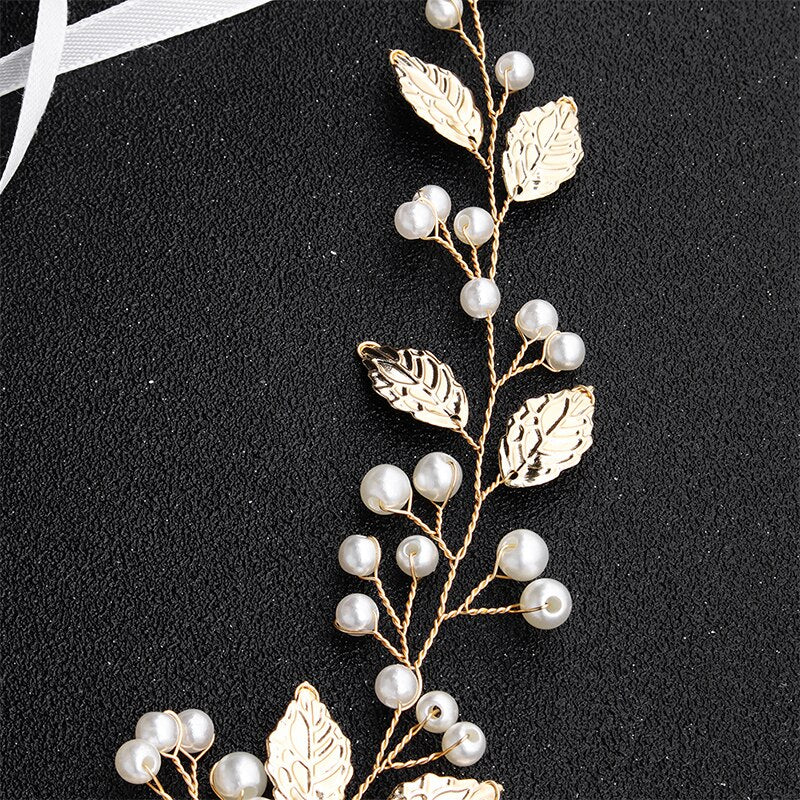 Liza Gold Pearl Leaf Wedding Headband