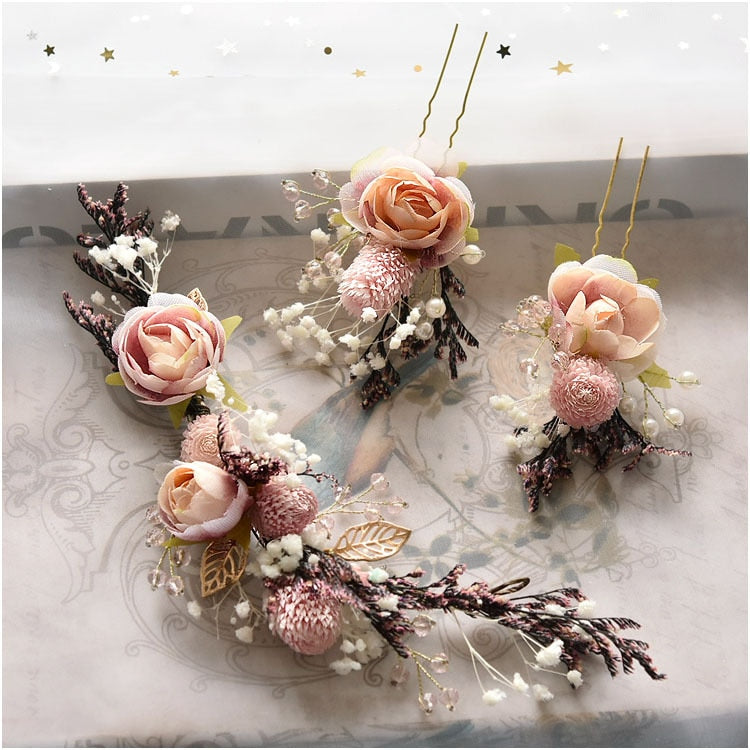 Mori Blush Flower Bridal Hair Clip & Pins Set (3 Piece)