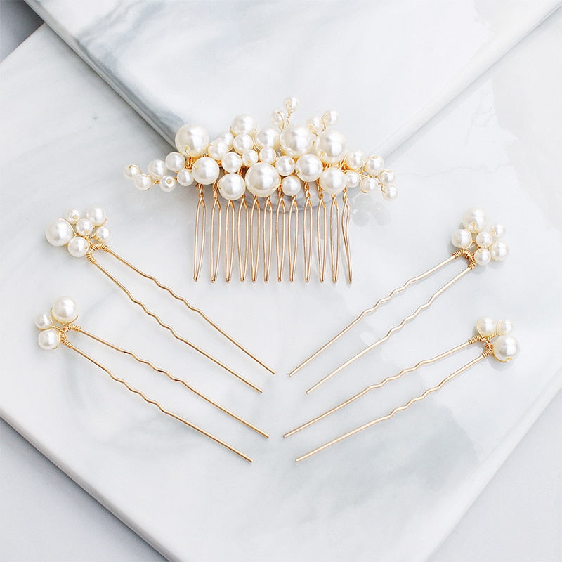 Shay Antique Gold Pearl Hair Comb/Pin Set (5 Piece)