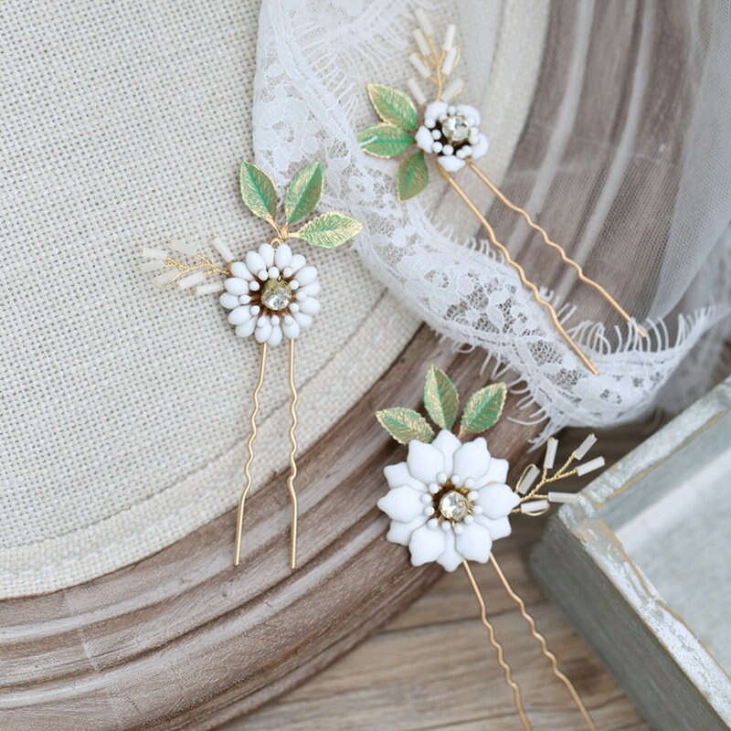 Julip White Enamel Glazed Flower Hair Pin Set (3 Piece)