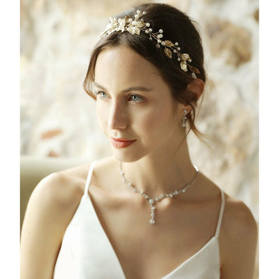 Liza Gold Pearl Leaf Wedding Headband