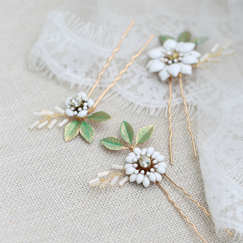 Julip White Enamel Glazed Flower Hair Pin Set (3 Piece)