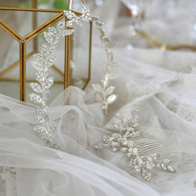 Jasmine Silver Opal Leave Bridal Headband/Hair Comb