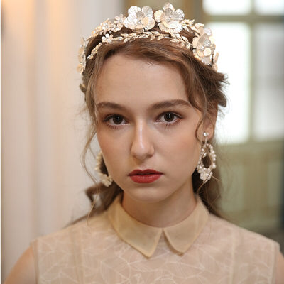 Annarose Floral Pearl Bridal Leaf Headband & Matching Earrings