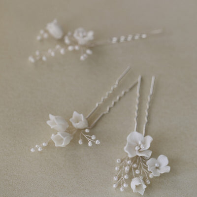 Pricilla Ceramic White Bridal Hair Pins (3 Piece)