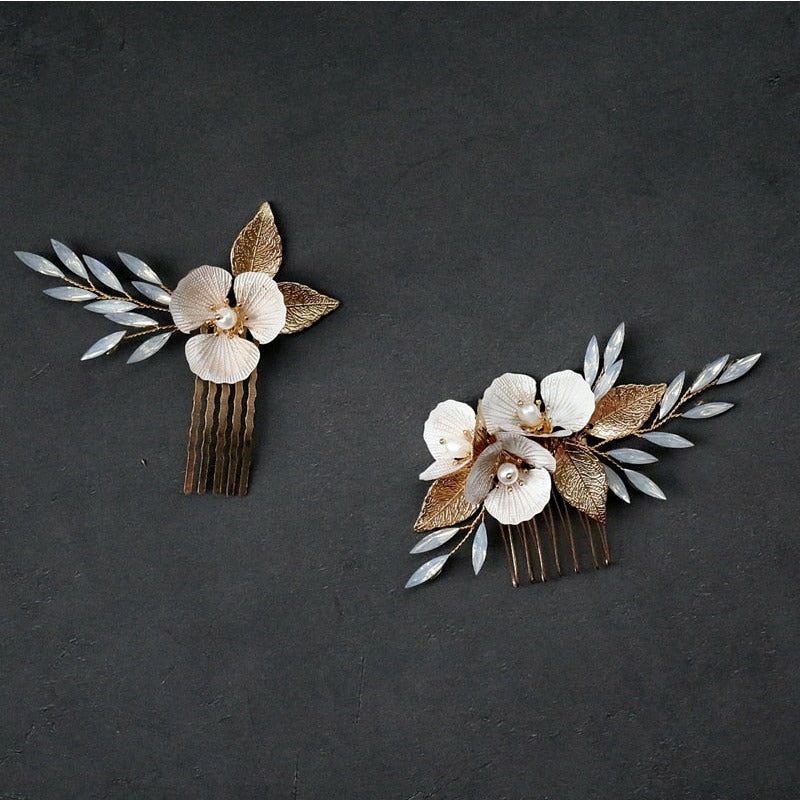 Nova Opal Gold Leaf Flower Wedding Hair Combs