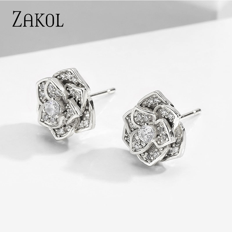 Gold Rose Flower Micro CZ Stud Earrings