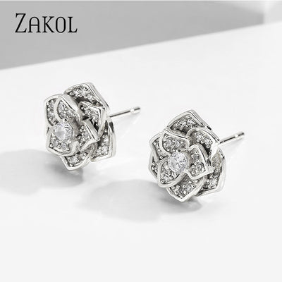 Gold Rose Flower Micro CZ Stud Earrings