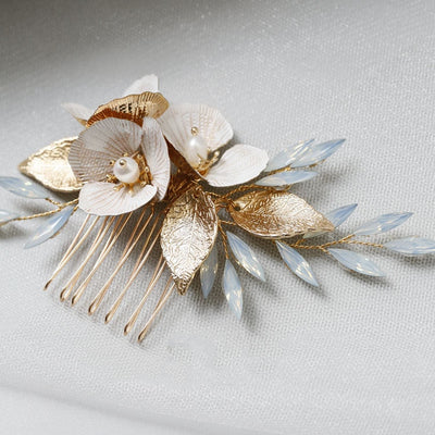 Nova Opal Gold Leaf Flower Wedding Hair Combs