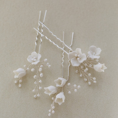 Pricilla Ceramic White Bridal Hair Pins (3 Piece)