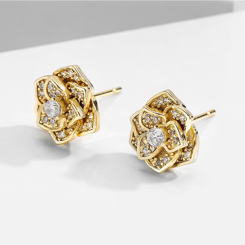 Gold Rose Flower Micro CZ Stud Earrings