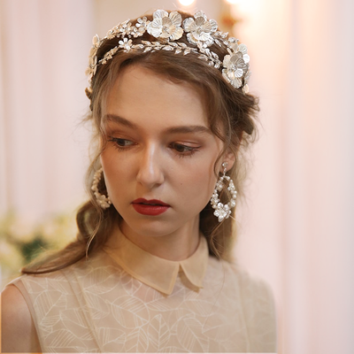 Annarose Floral Pearl Bridal Leaf Headband & Matching Earrings