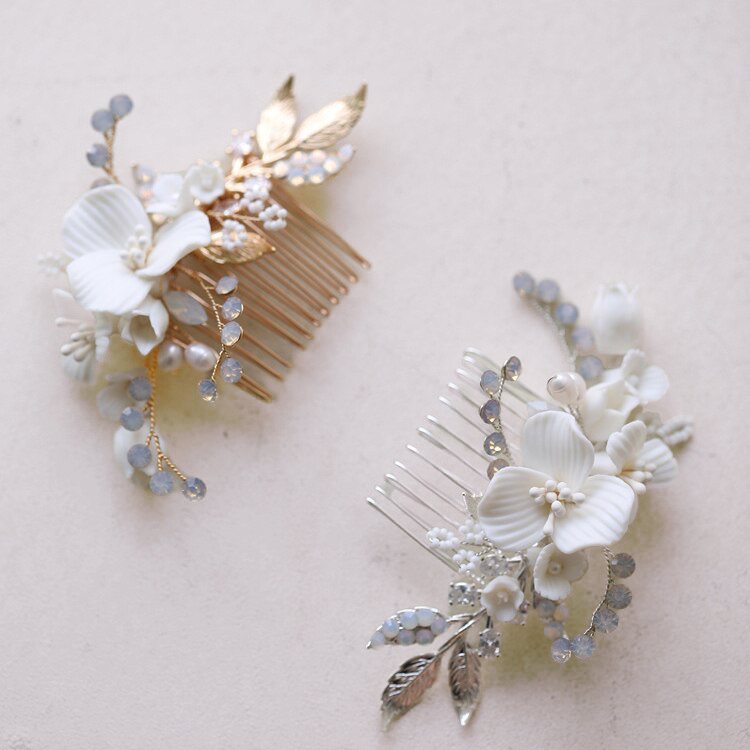 Maeve Porcelain Opal Flower Hair Comb- Silver/Gold