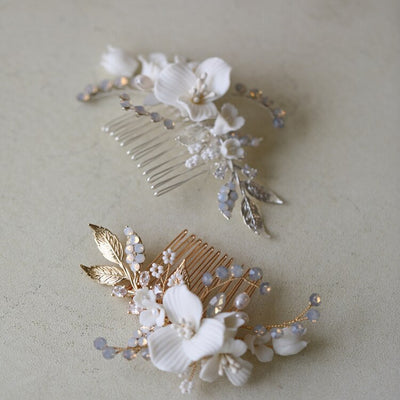 Maeve Porcelain Opal Flower Hair Comb- Silver/Gold