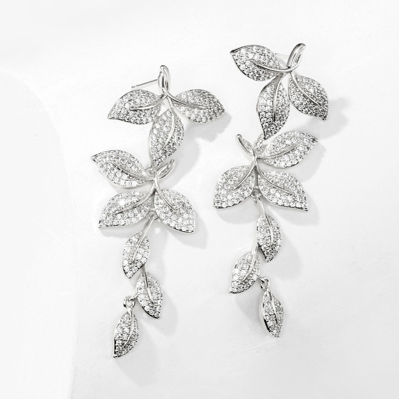 Long Micro CZ Floral Wedding Earrings