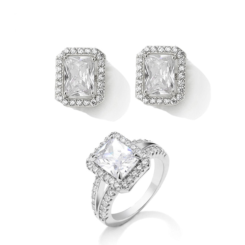 Rectangle CZ Stone Earrings & Engagement Ring Set