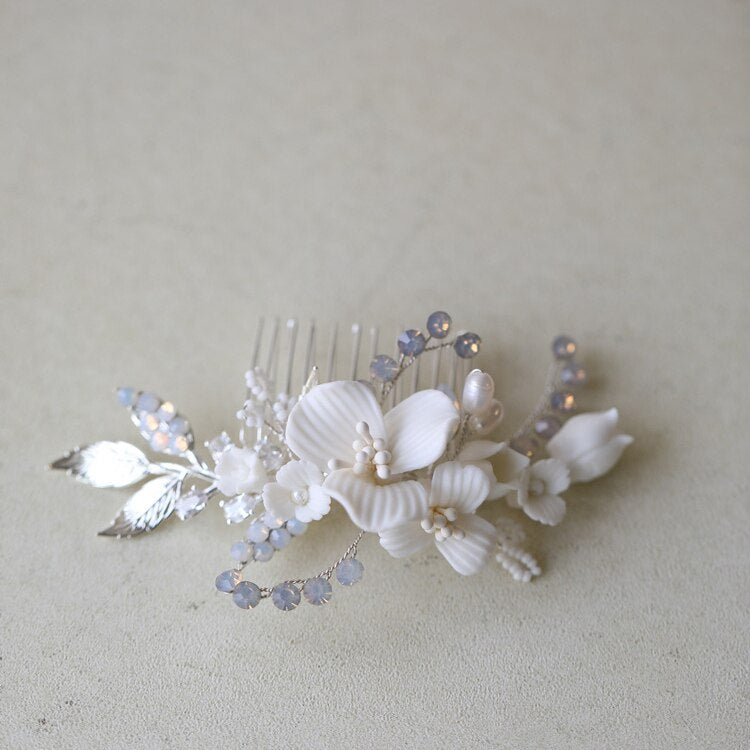 Maeve Porcelain Opal Flower Hair Comb- Silver/Gold