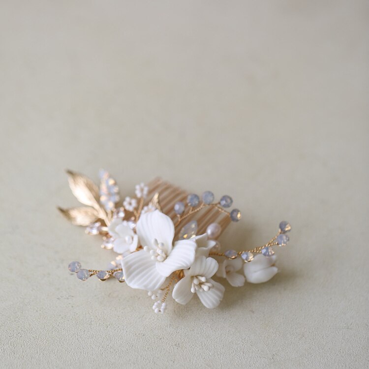 Maeve Porcelain Opal Flower Hair Comb- Silver/Gold