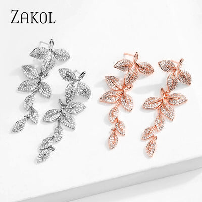 Long Micro CZ Floral Wedding Earrings