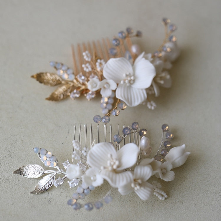 Maeve Porcelain Opal Flower Hair Comb- Silver/Gold