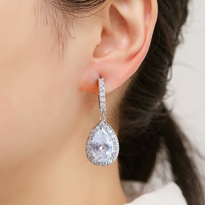 Water Drop Crystal Halo Bridal Earrings