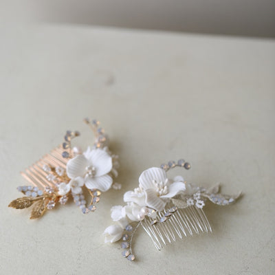 Maeve Porcelain Opal Flower Hair Comb- Silver/Gold