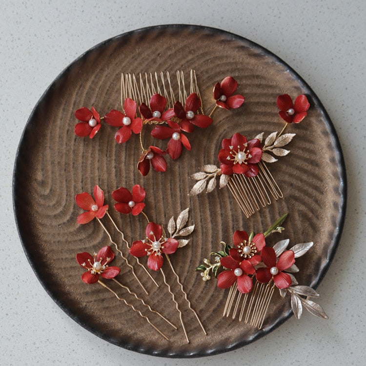 Ruby Red Flower Hair Comb/Hair Pins