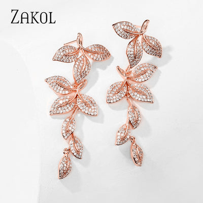 Long Micro CZ Floral Wedding Earrings