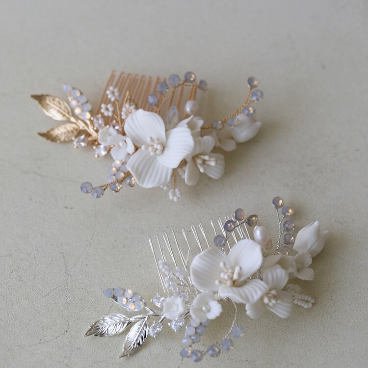 Maeve Porcelain Opal Flower Hair Comb- Silver/Gold