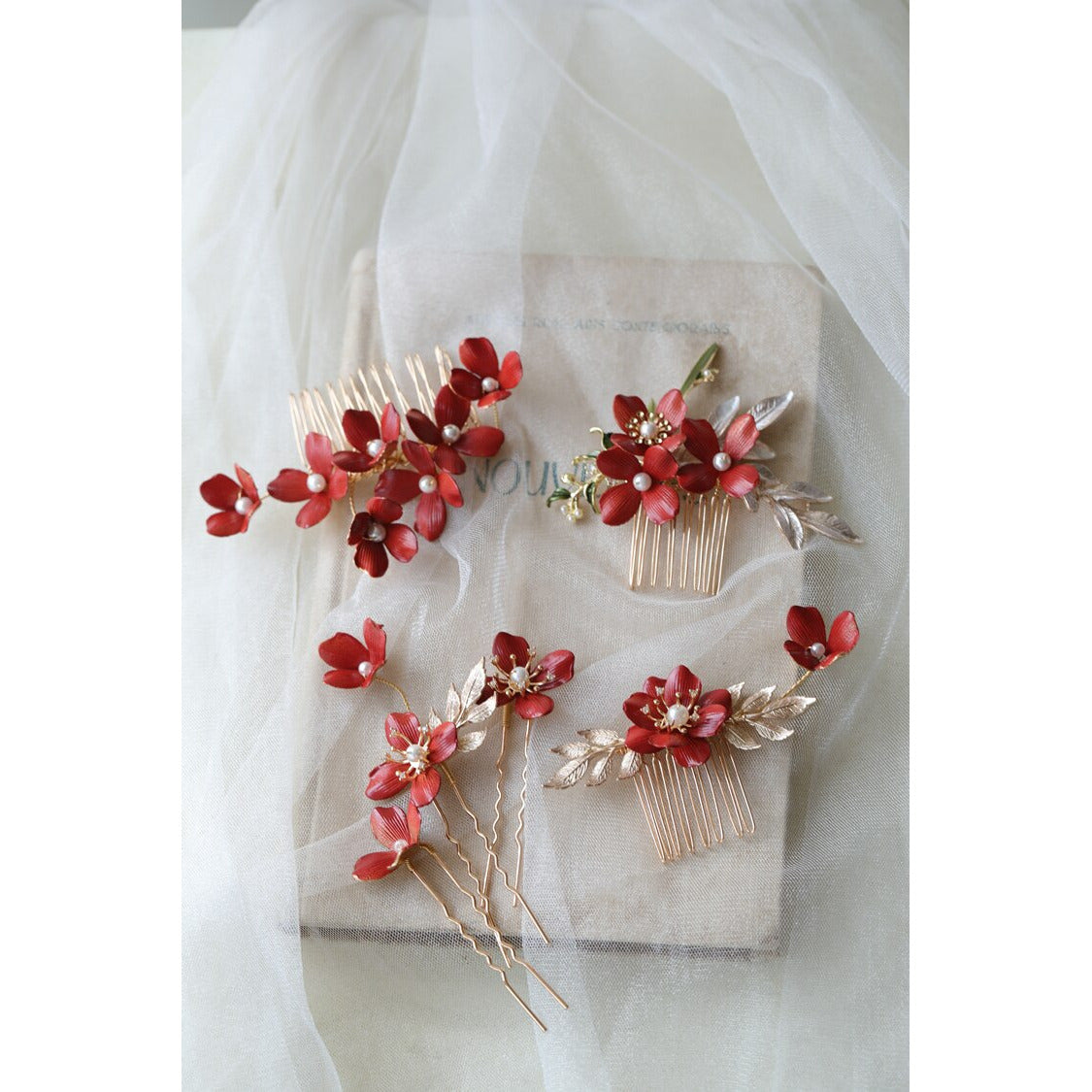 Ruby Red Flower Hair Comb/Hair Pins