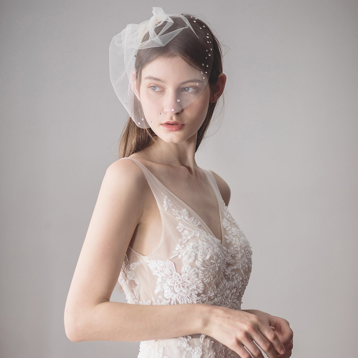 Grace Crystal Beaded Birdcage Blusher Veil