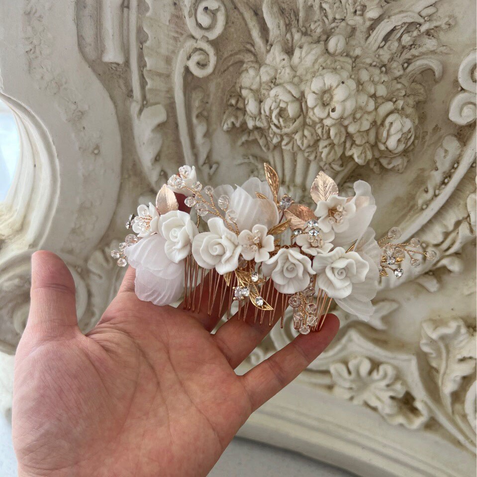 Ashleigh Porcelain Flower Wedding Hair Comb/Pin